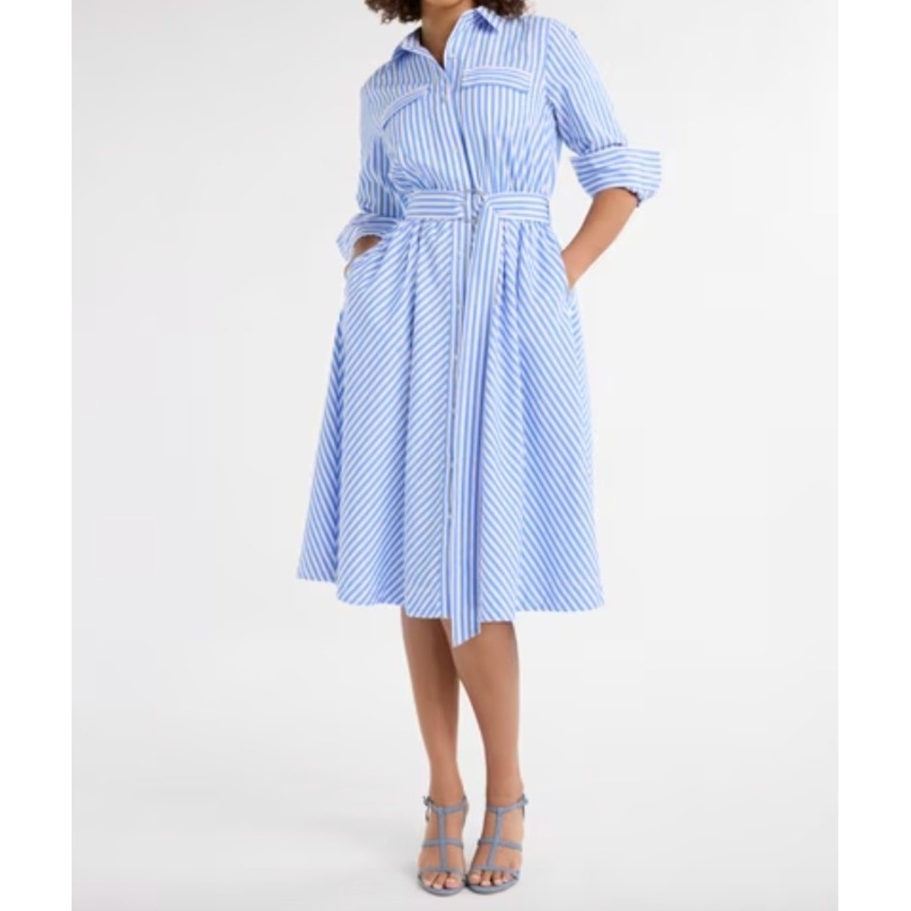 Free Assembly Blue White Striped Cotton Midi Shirt Dress D-Ring Belt L 12-14